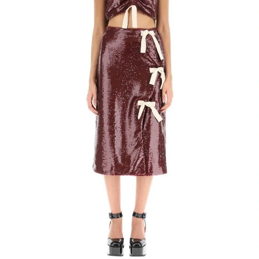 Ganni Sequin Midi Skirt with Bows - Burgundy size 34
